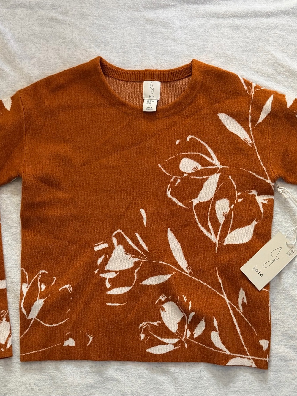 Joie Floral Intarsia Sweater XS Burnt Orange Ivory Button Back NWT